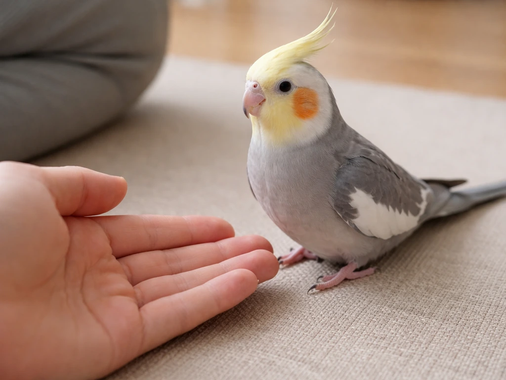 Cockatiel calmly preparing to step up onto a handler’s hand held low near the leg-body junction