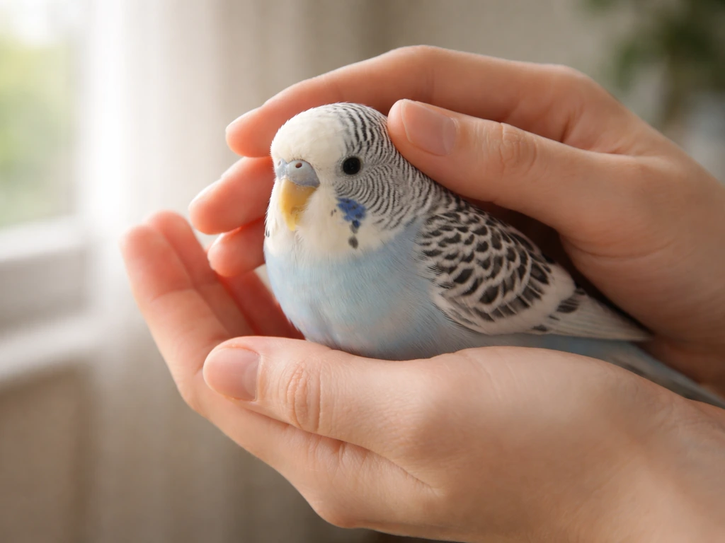A calm small pet bird supported gently in a caregiver’s cupped hands in natural light.