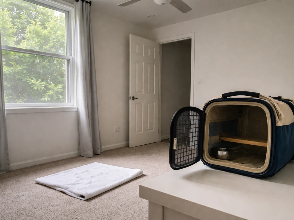 Prepared quiet room with secured window, fan off, closed door, and open bird carrier ready before reaching in