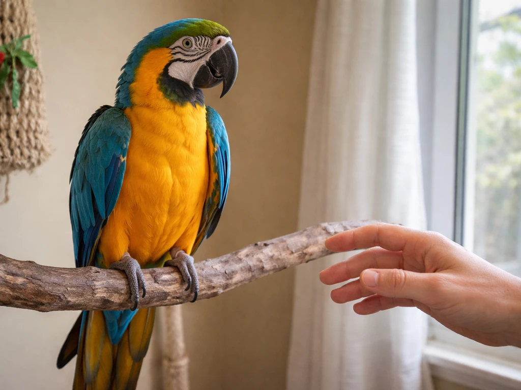 Caregiver at a safe distance while a large parrot turns away, showing tense, bite-risk body language