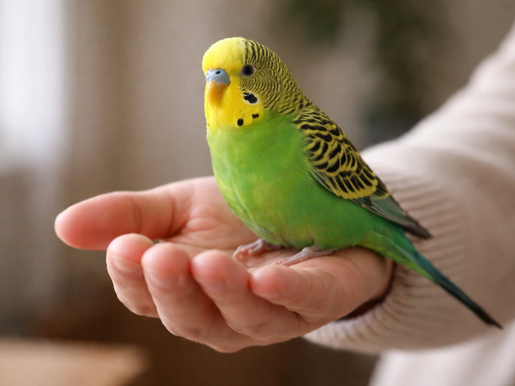 Budgerigar calmly stepping onto a caregiver’s open hand in safe, gentle handling moment.