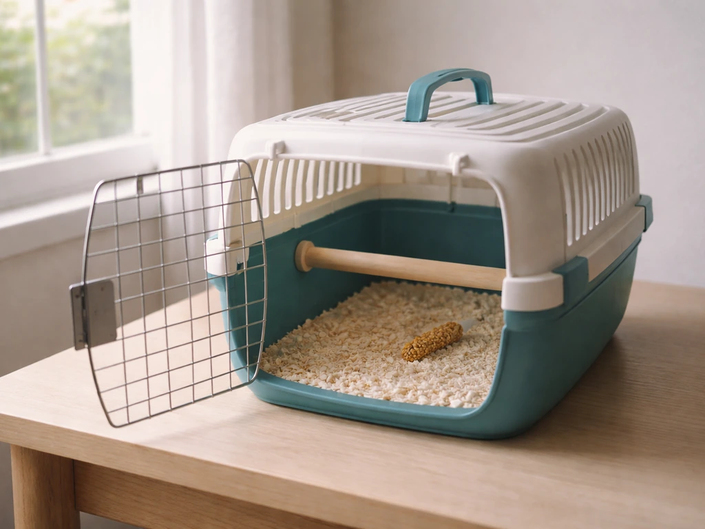 An open bird carrier on a table with familiar perch/bedding inside and a small treat near the back.