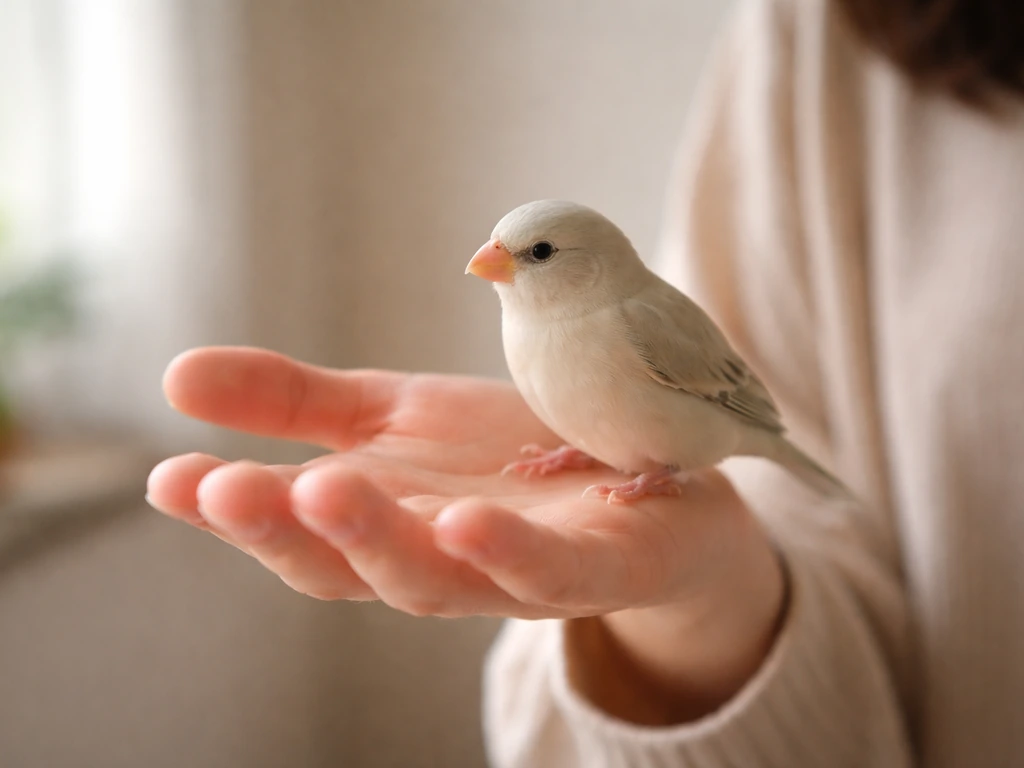 A small pet bird calmly lands on an open human hand in a quiet, safe indoor setting.