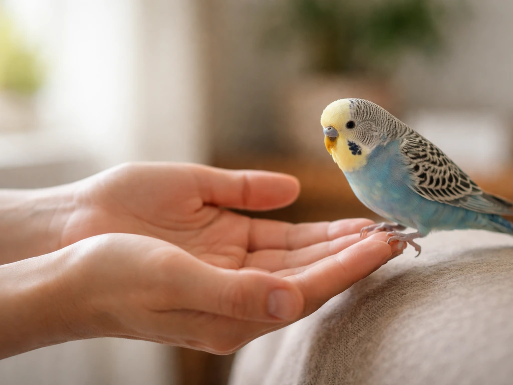 Close-up of a person’s open hands calmly offering safety to a small pet bird