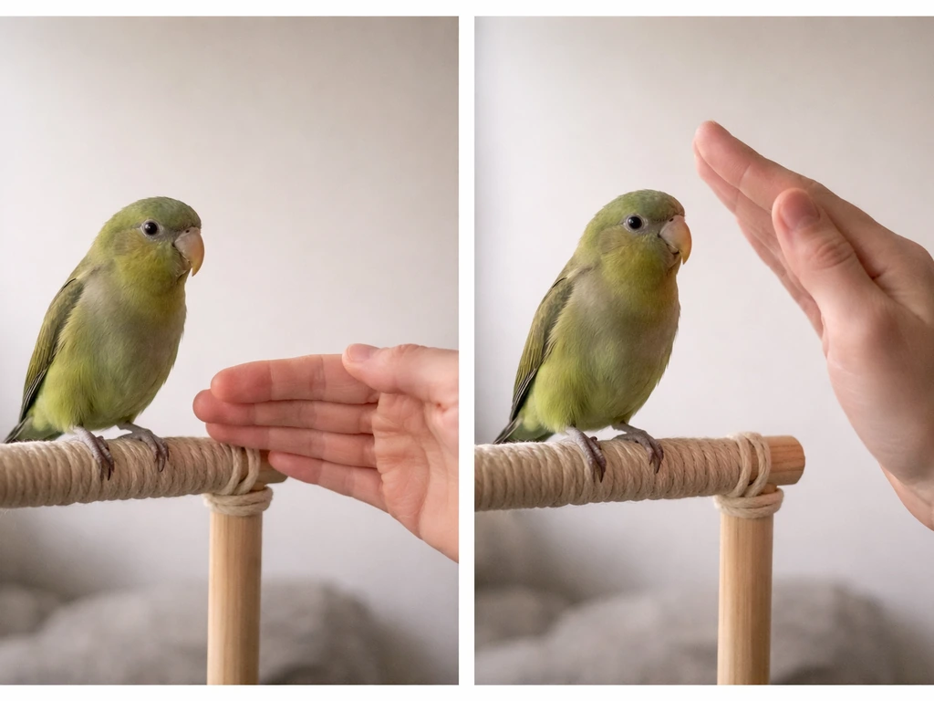 Two-panel photo: correct vs incorrect hand/finger angle for a bird step-up landing on a perch.