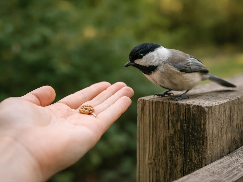 Close-up of an open palm with a treat as a small bird approaches to land and eat