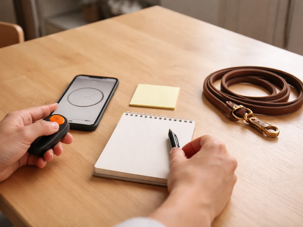 Hands set up a small training timer and clicker on a kitchen table for daily short practice.