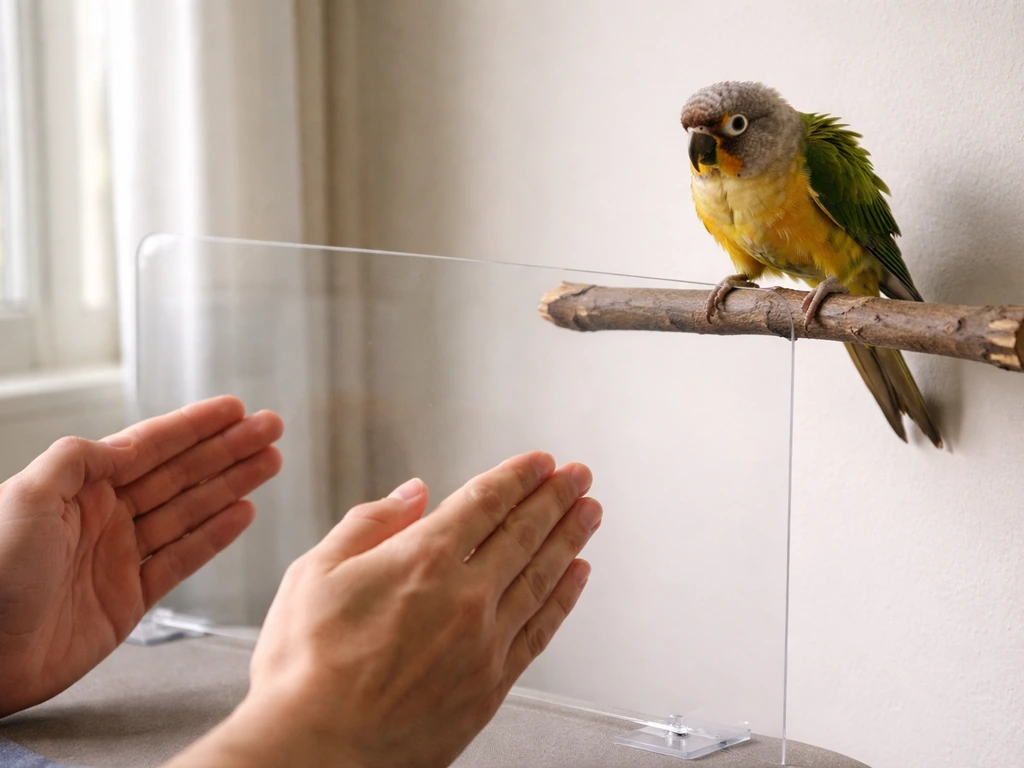 Tense perched bird de-escalated with a safe barrier and calm, open hands at a distance.