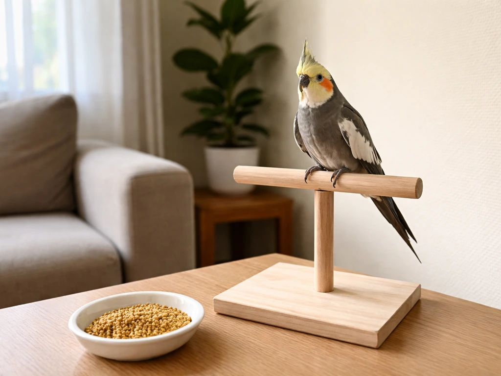 Calm cockatiel on a neutral perch with millet treats nearby in a quiet, uncluttered room.