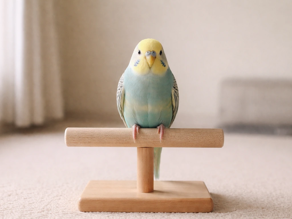 Bird training session on a neutral perch stand in a simple room, with the cage kept out of view.