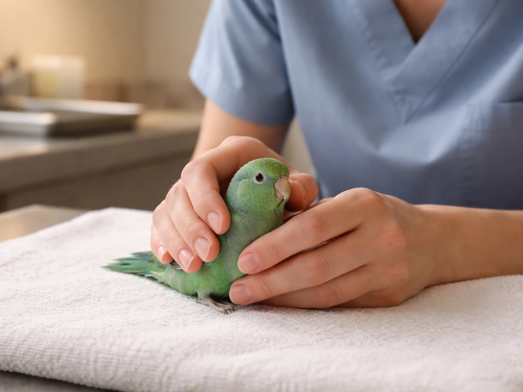 Unidentified avian vet gently examining a small pet bird on an exam table in a calm clinic room.