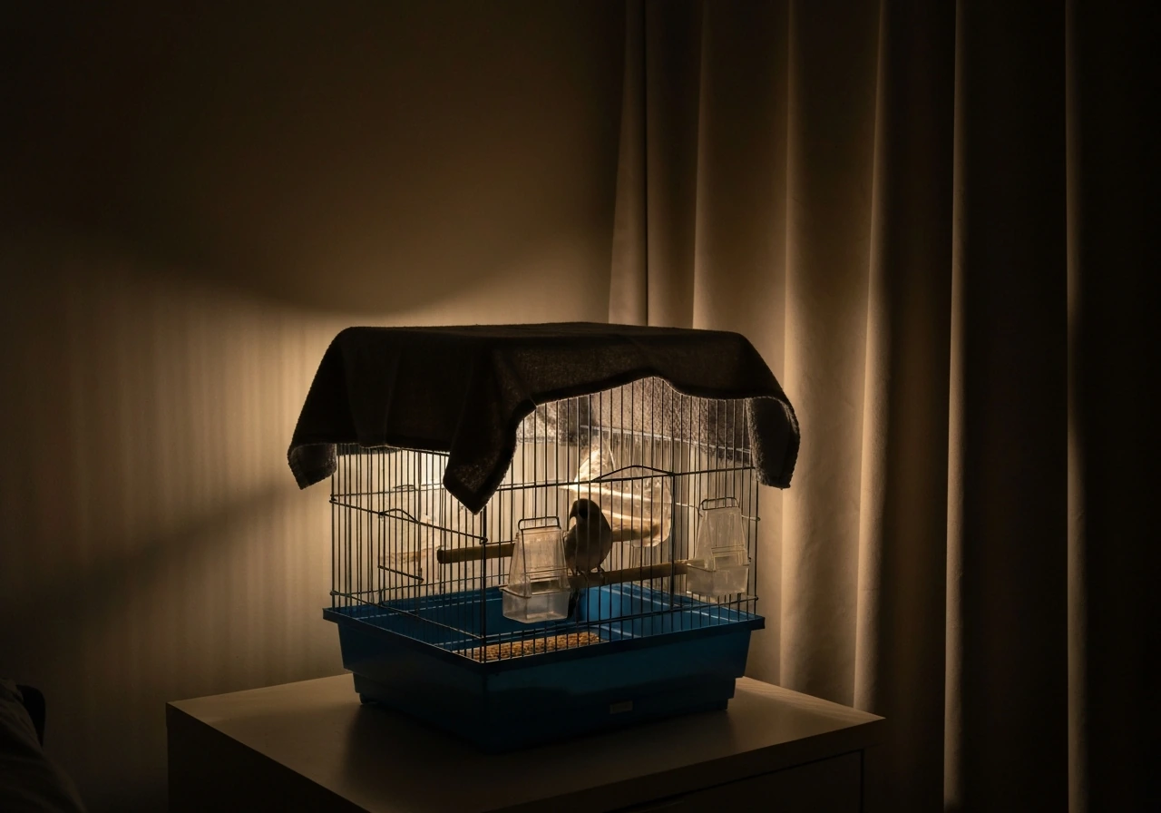 Dimly lit bird cage at home with a cloth cover for calm bedtime, bird resting quietly.