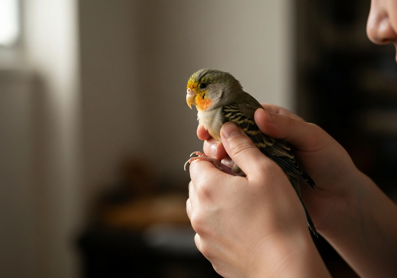 Gently held small bird while hands observe its breathing and posture in a calm setting.