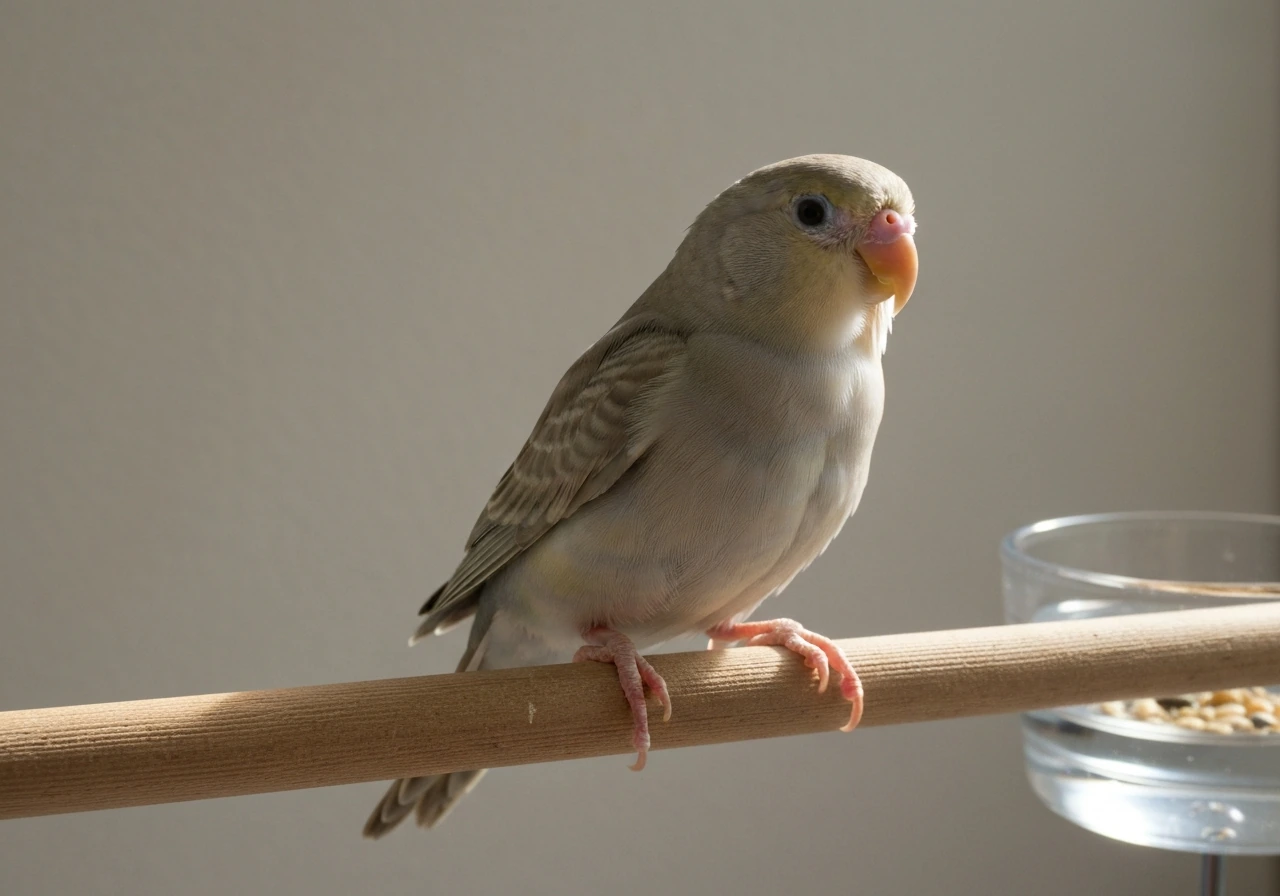 Small pet bird calmly perched indoors with a clean, minimal background suggesting it’s healthy and resting.