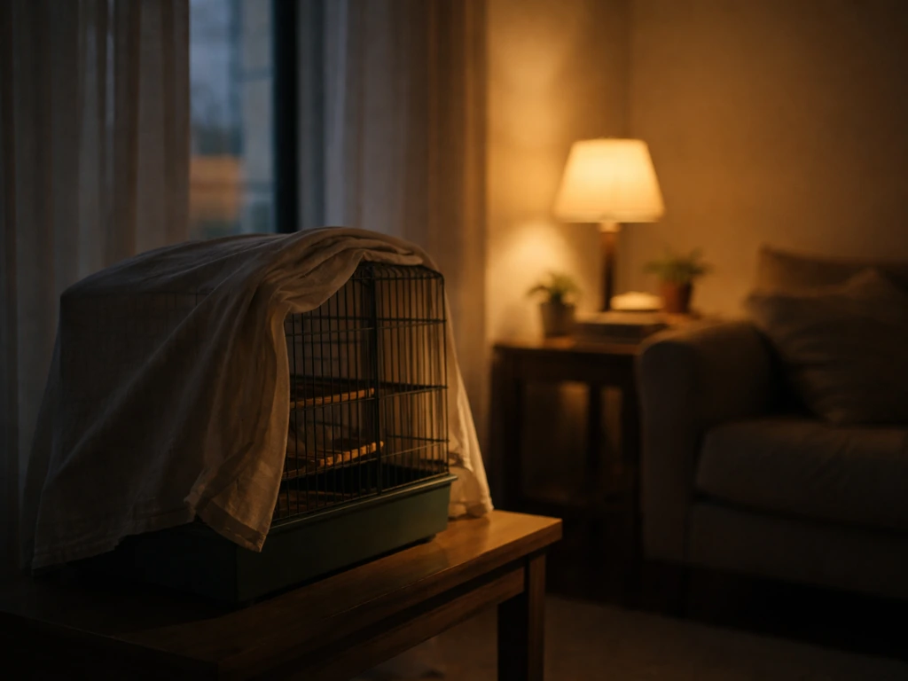 Dim warm lamp light and a pet bird cage partially covered for a safe, gradual bedtime setting.