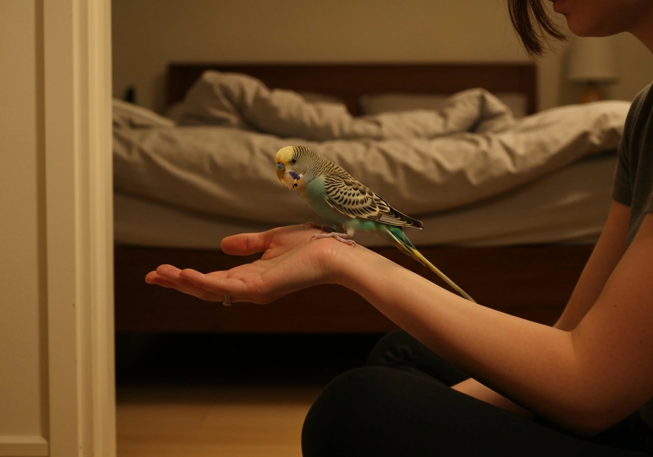Calm person seated with an open hand low as a small bird steps onto it before bedtime.