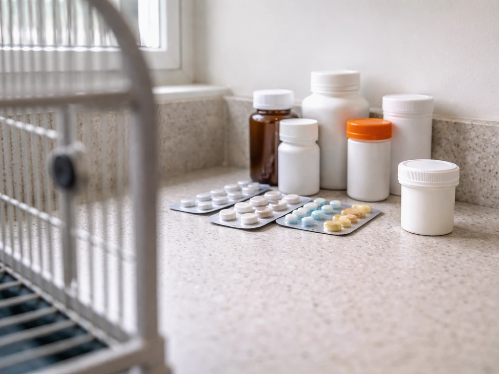 Human medication bottles out of reach on a counter with a bird cage blurred in the foreground.