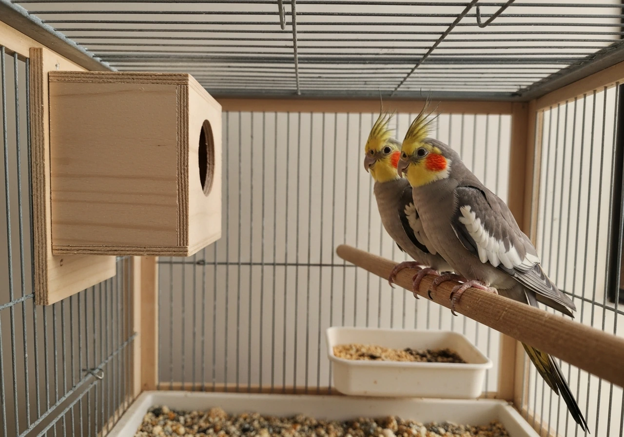 Cockatiel pair perched near a mounted nest box inside a quiet breeding cage