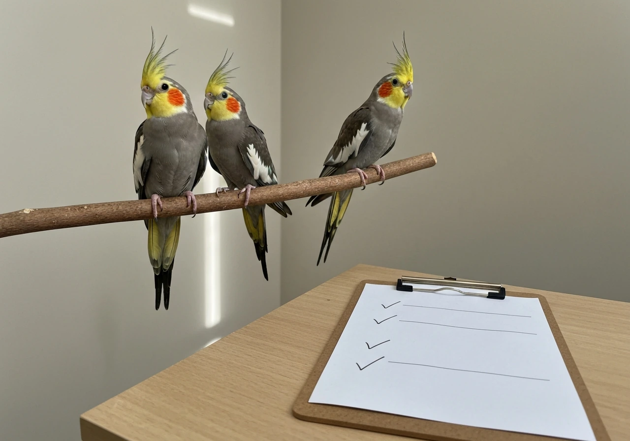 Two cockatiels perched near a simple checklist card on a clean table, calm home aviary setting.