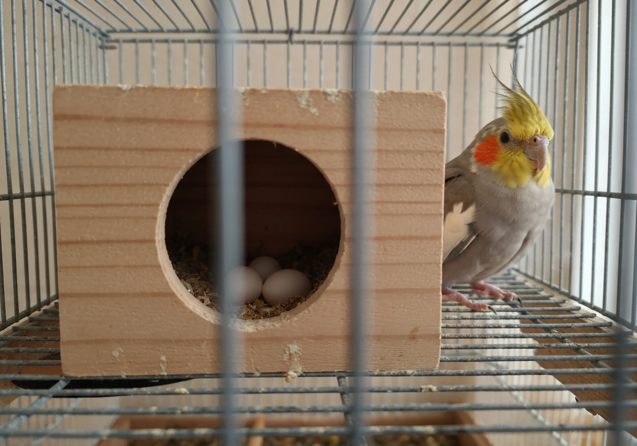 Cockatiel hen settled near a wooden nest box cavity with small eggs inside, in a simple aviary.