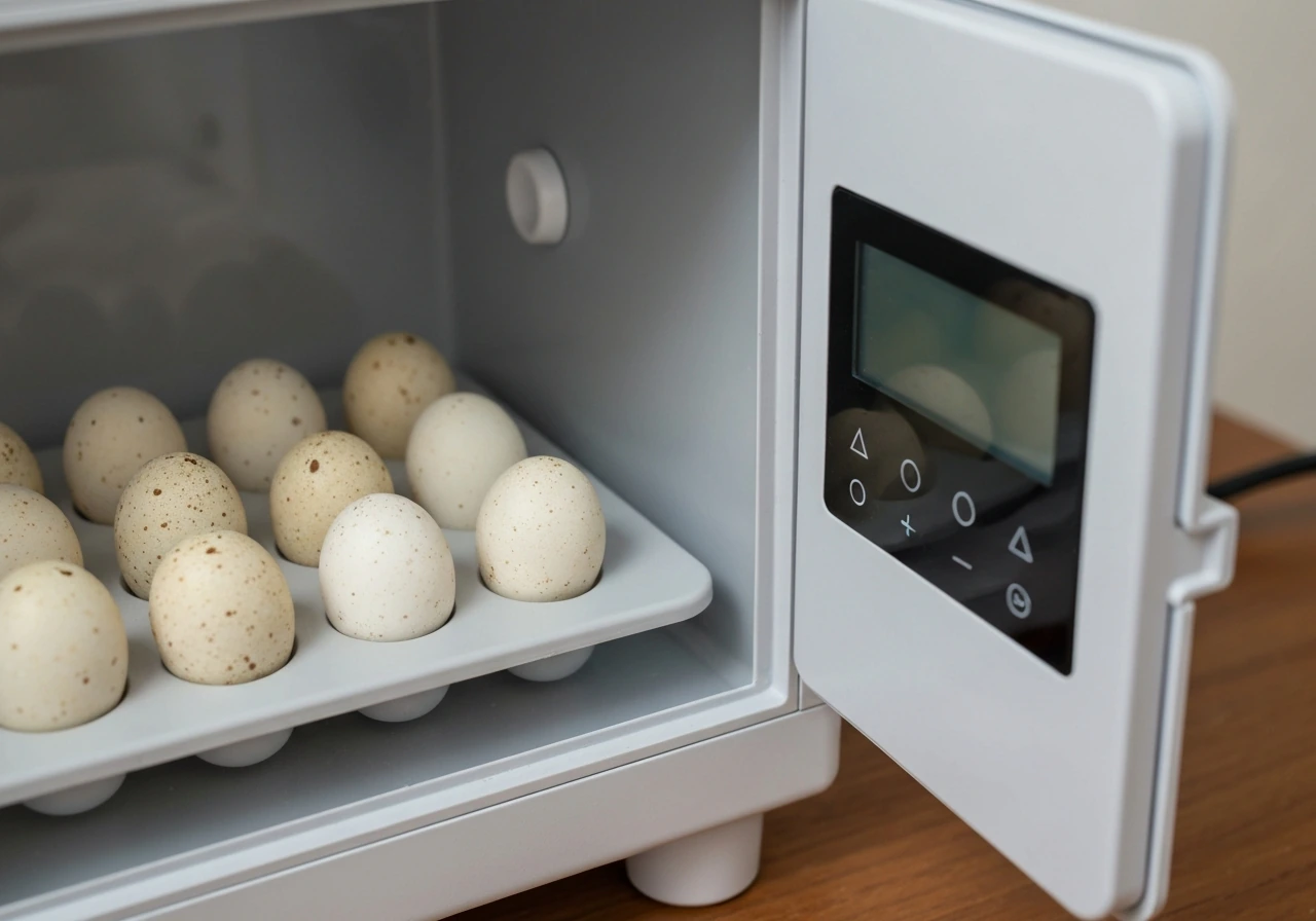 Close-up of a small incubator with several cockatiel eggs resting safely inside beside a humidity thermometer