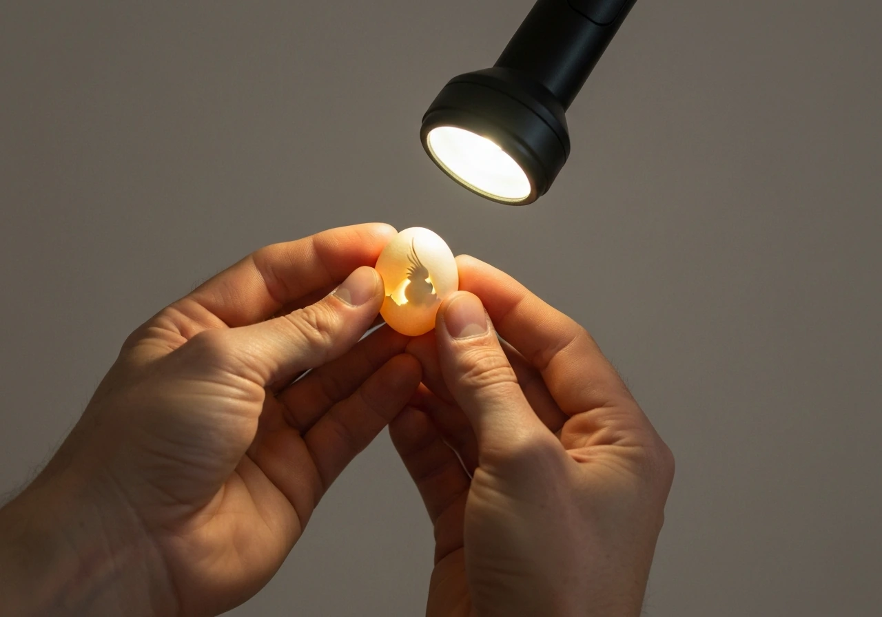 Hands holding a small cockatiel egg toward a bright LED candling light to see inside.