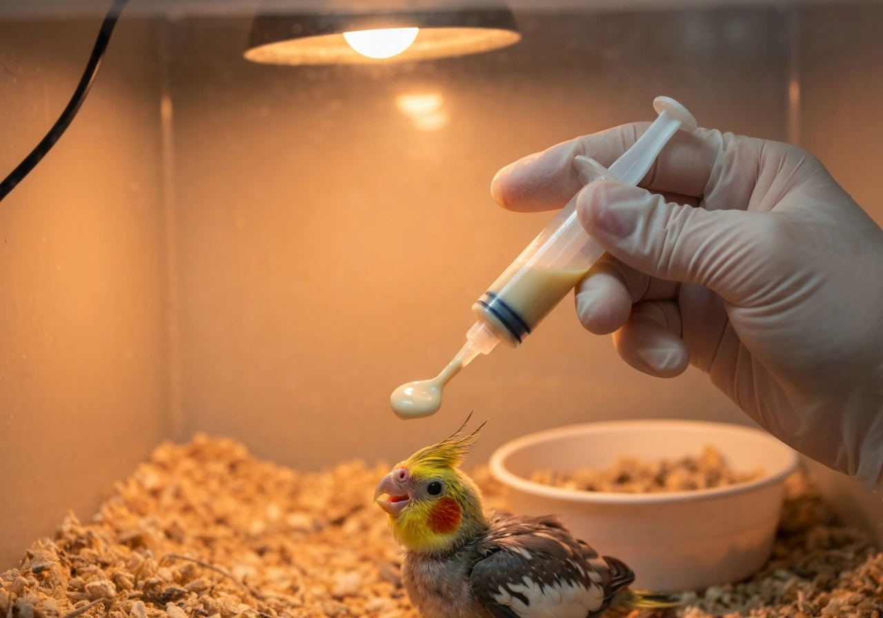 Gloved hand syringe feeding a small cockatiel chick in a warm, minimal brooder.