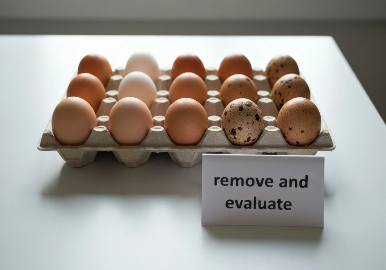 Close-up of eggs in a simple tray with two separated groups and a cue card reading “remove and evaluate.”