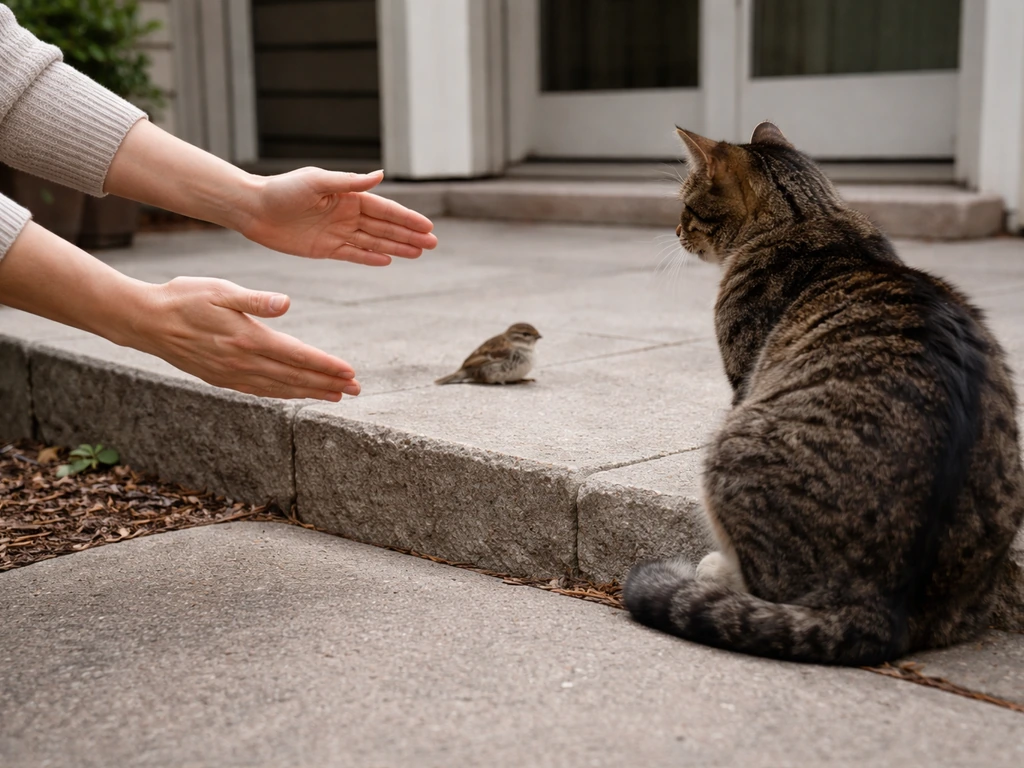 A cat and a small wild bird calmly separated while hands intervene gently for safe release.