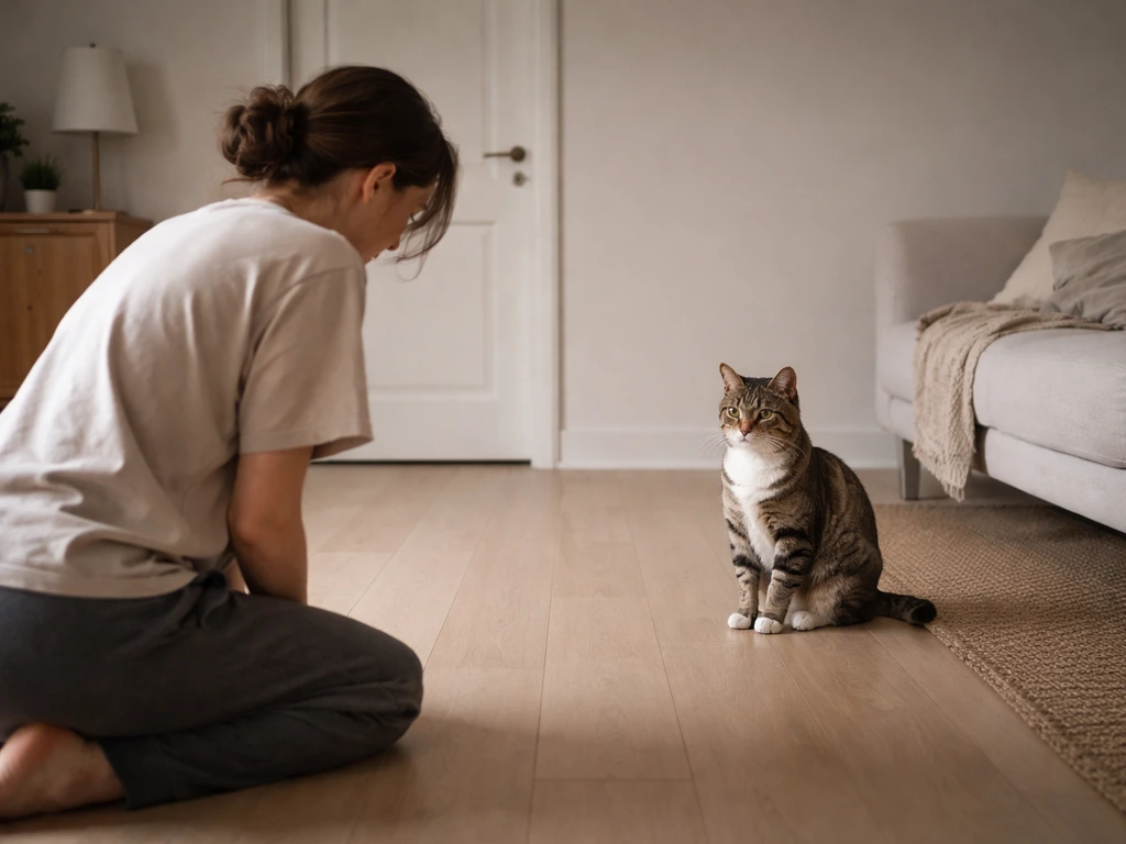 Person kneels calmly near a tense cat while closed doors keep it from escaping to other rooms.