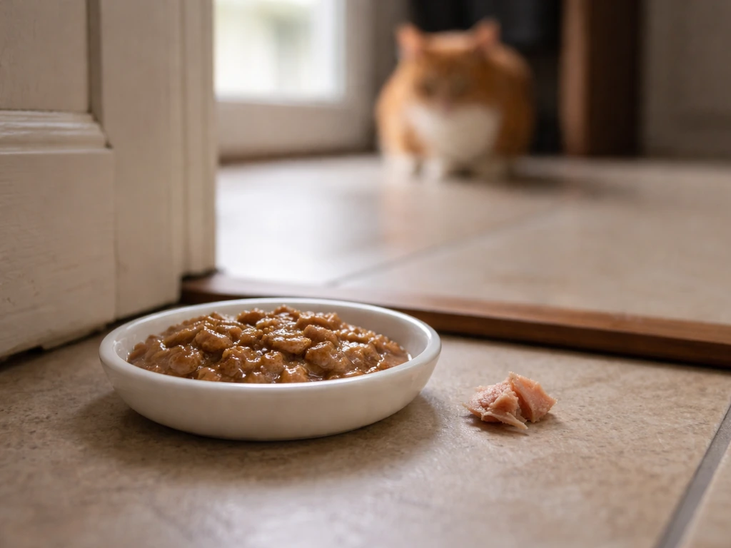 Shallow dish of wet cat food with tuna near a doorway, cat blurred off-frame, bird out of view.