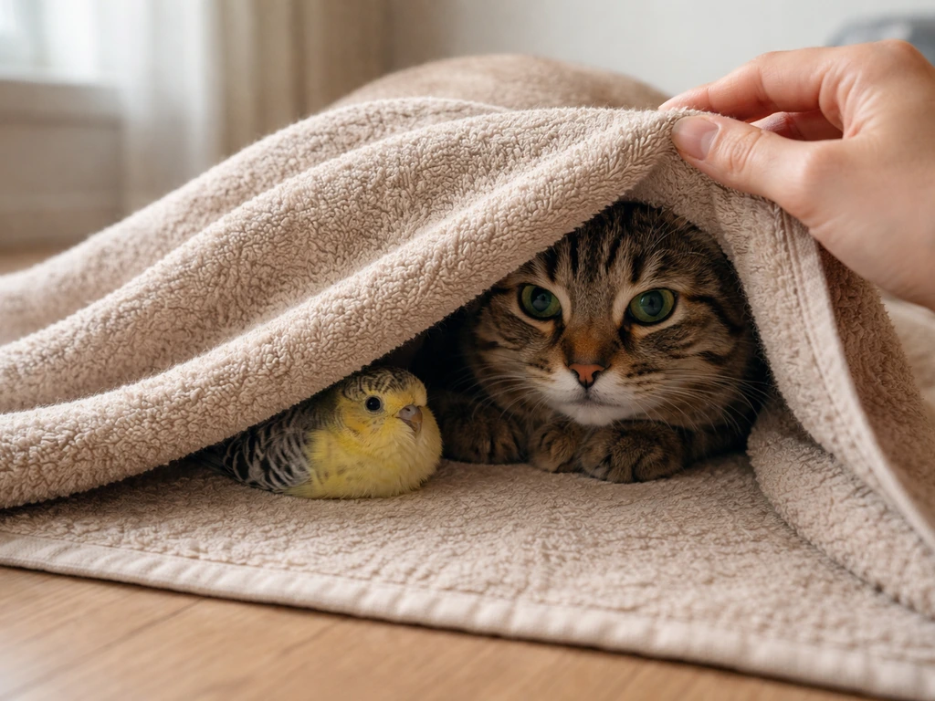 Cat and small bird safely covered together with a large towel while a hand holds the towel in place.