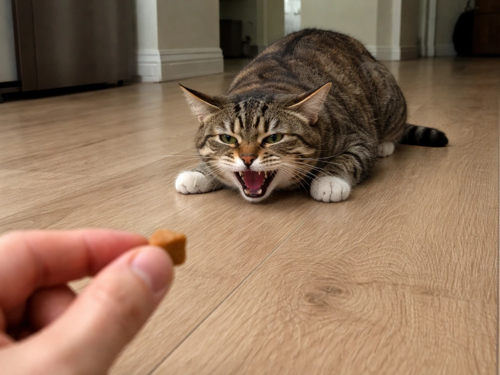 Low, growling cat crouches while a distant hand holds food lure, with bird out of frame.