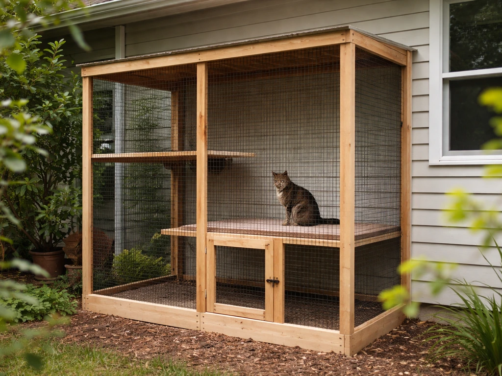 A domestic cat safely inside an enclosed screened catio, looking toward the garden beyond the mesh.