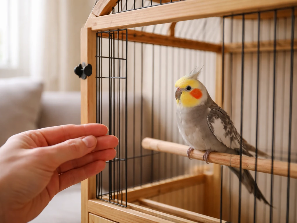 Calm cockatiel inside its cage with a human hand near the door, showing early supervised acclimation.