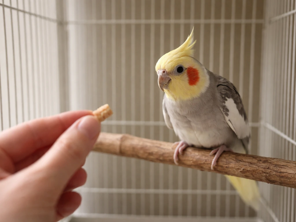 Close photo of a relaxed cockatiel perched as a hand offers a treat at a careful distance