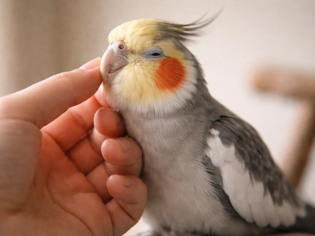 Close-up of a cockatiel calm as a hand gently pets under its chin and along cheek patches.