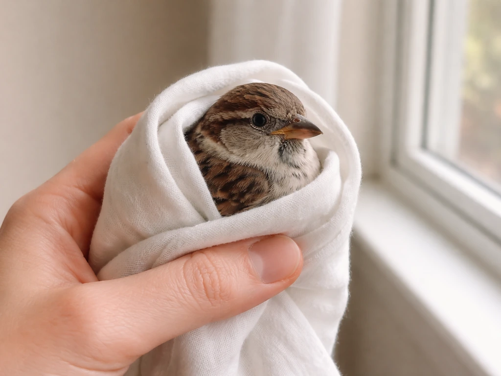A small sparrow gently held with a soft cloth in a calm, well-lit home setting