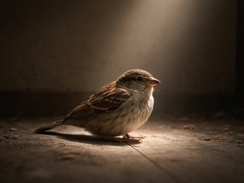 A small sparrow perched inside a quiet room, lit by a soft cone of light near the floor.