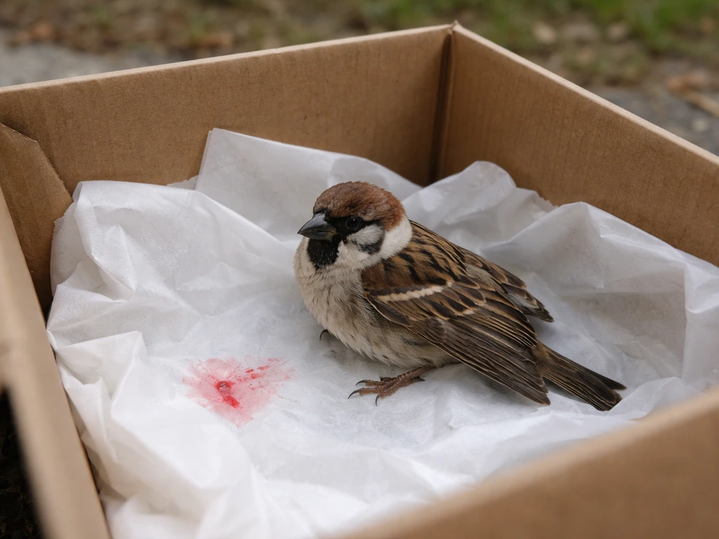 Injured sparrow with a drooping wing, safely supported in a tissue-lined box outdoors.