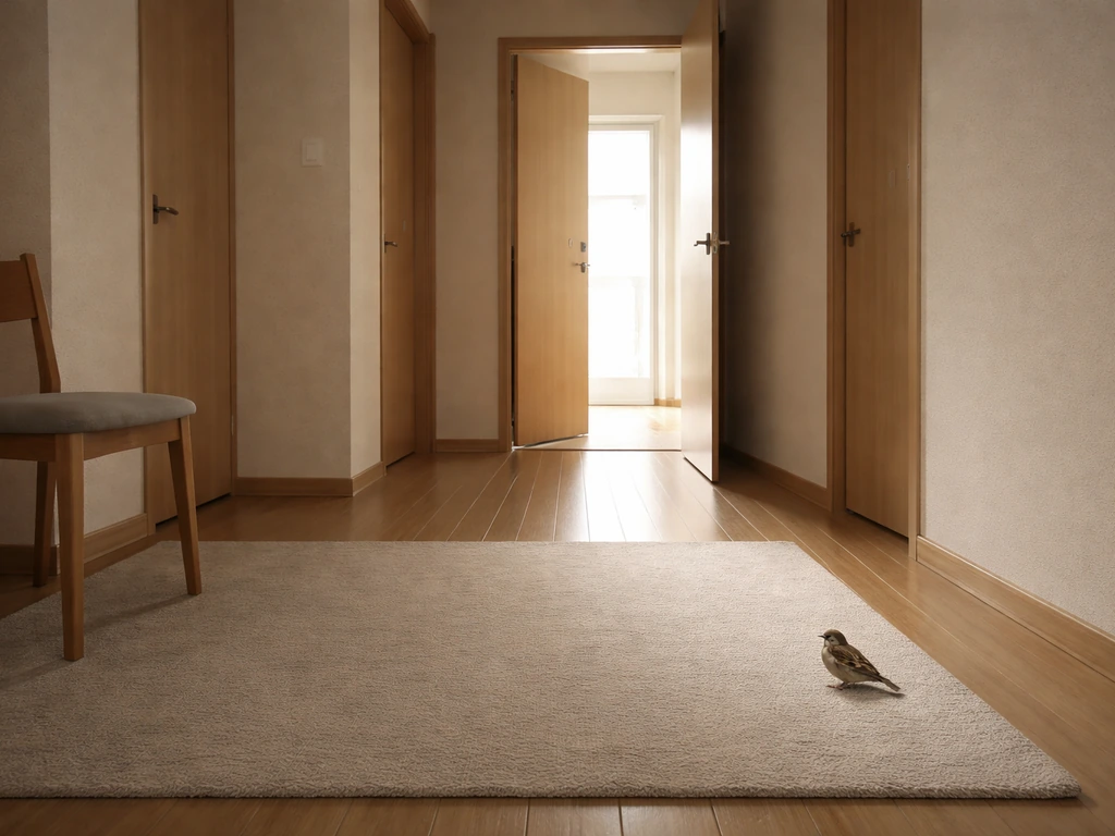 Indoors, a single closed-off room with doors shut, subdued lights and an open exit route for a small sparrow.