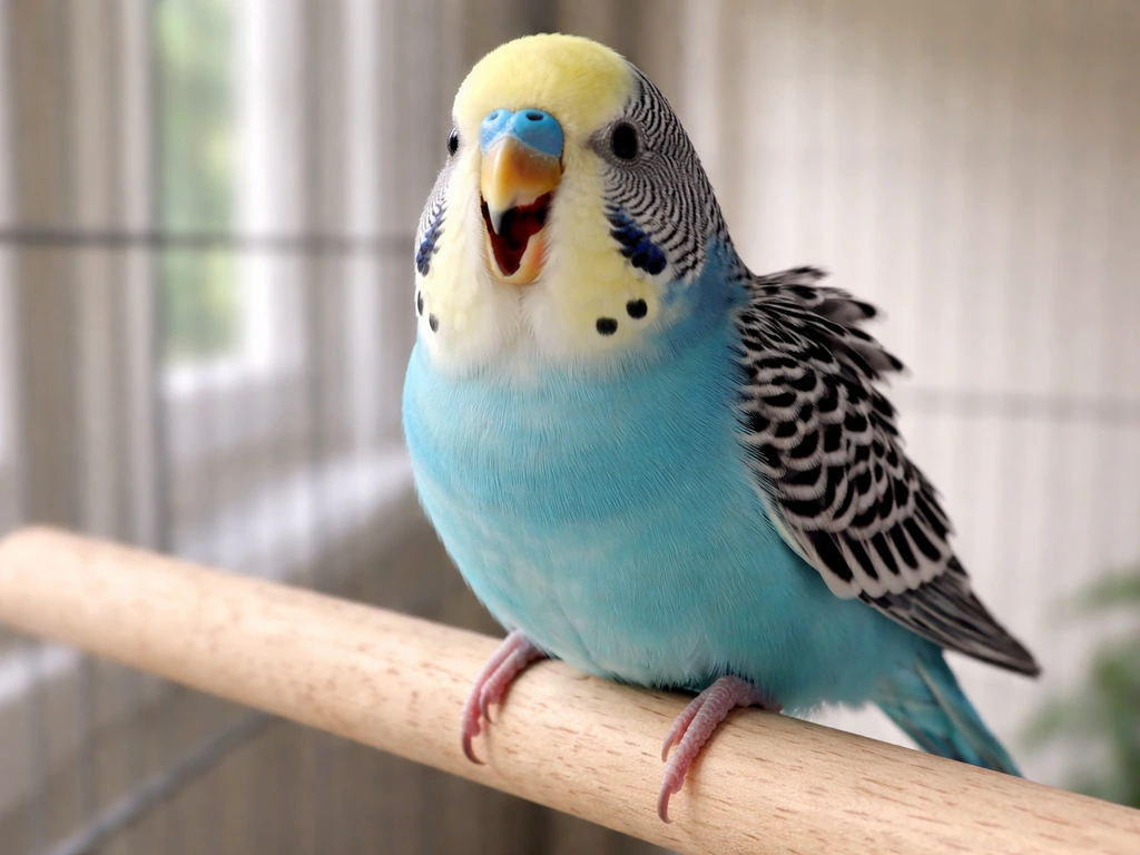 Close-up of a small pet bird vocalizing with beak open and contrasting feather posture