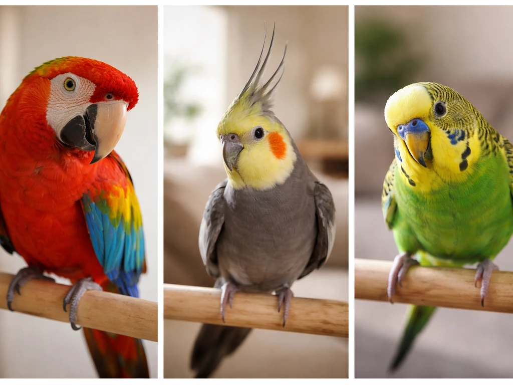Three-panel photo-style collage of parrot eye pinning, cockatiel crest posture, and budgie contact-call stance