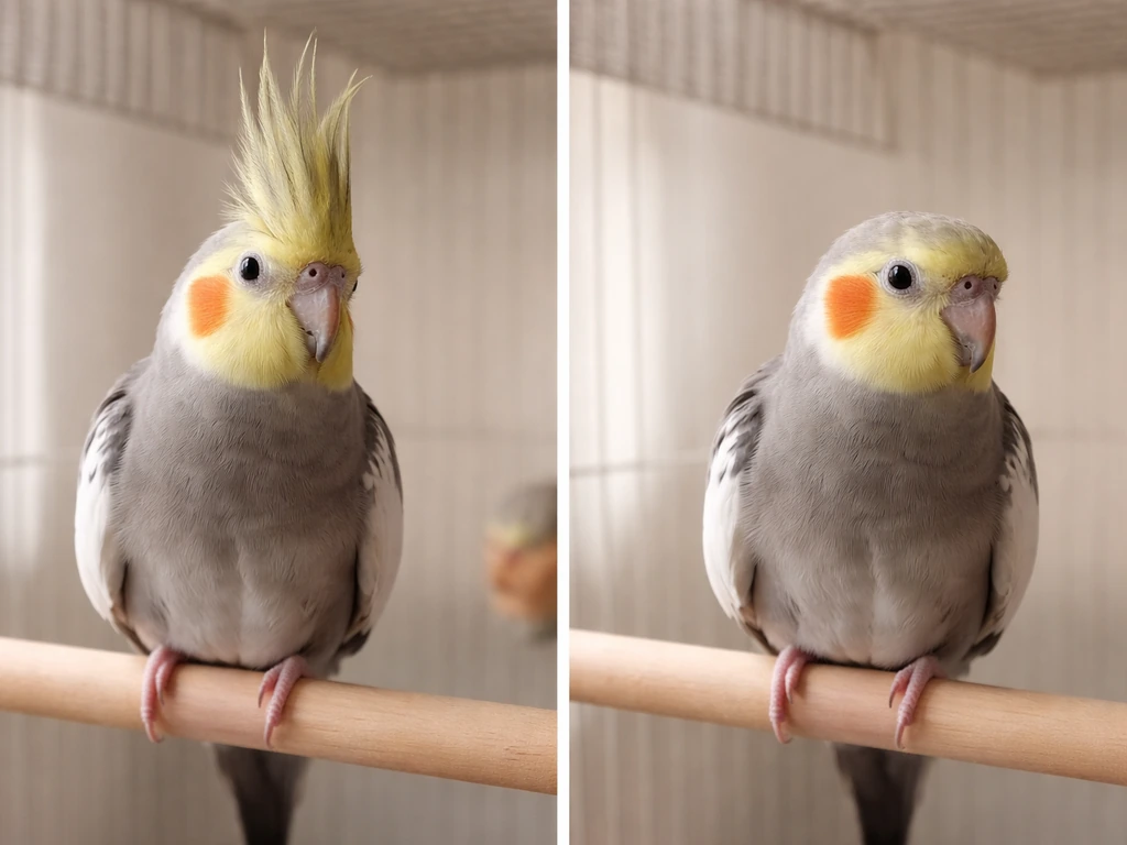 Split view of one cockatiel perched: crest fully raised on one side, lowered/neutral on the other.