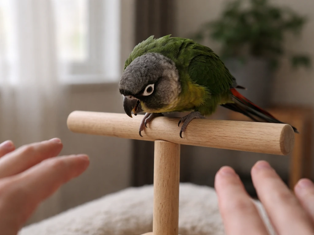 Slicked-back-feather bird on a perch with lowered head as the owner’s hands withdraw, showing fear.