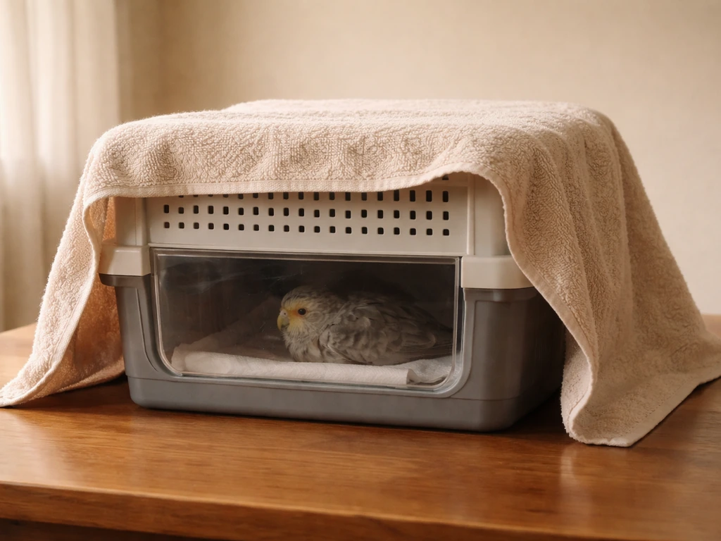 Dimly lit home scene with a towel-covered ventilated transport crate and a calm small bird inside.