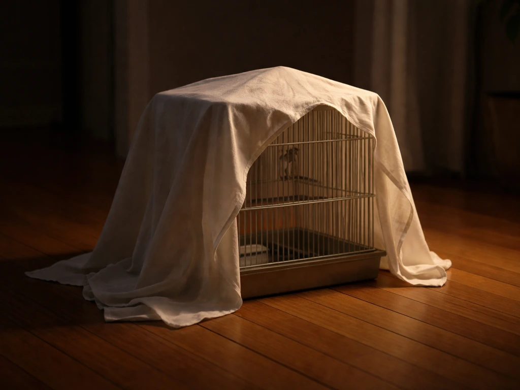 Dimly lit room with a bird cage covered by a light cloth to create a calm, humane environment.