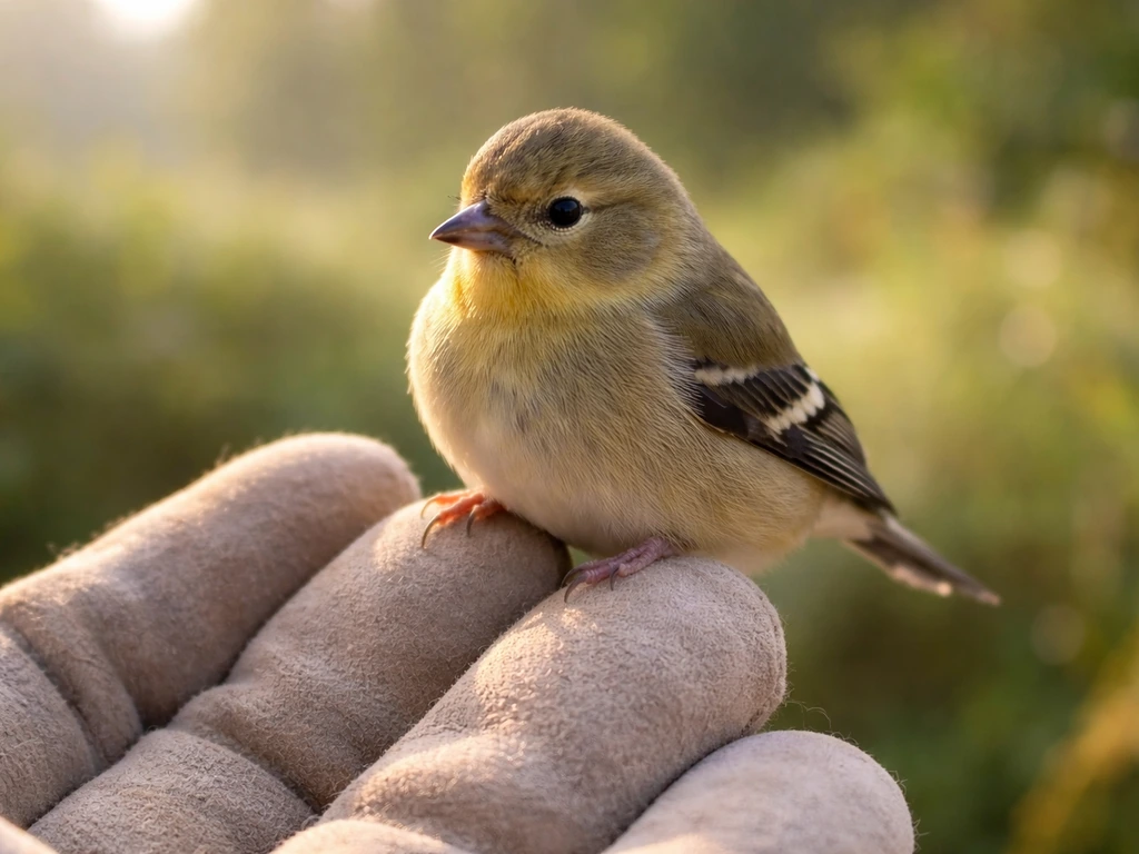 Small finch calmly supported on gloved fingertips during a gentle transfer at dawn