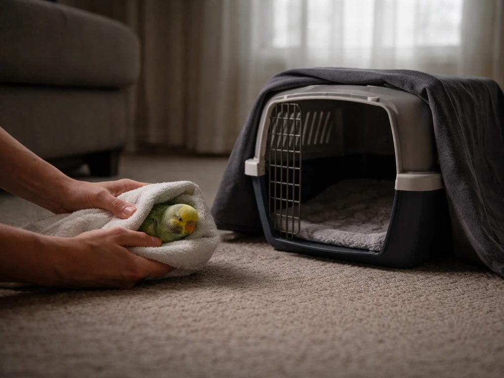 Person gently using a towel to restrain a small bird and placing it into a covered pet carrier
