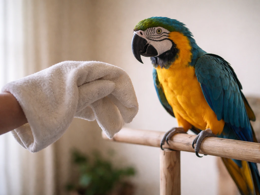 Handler’s towel-gloved hand approaches a larger parrot calmly on a wooden stand.